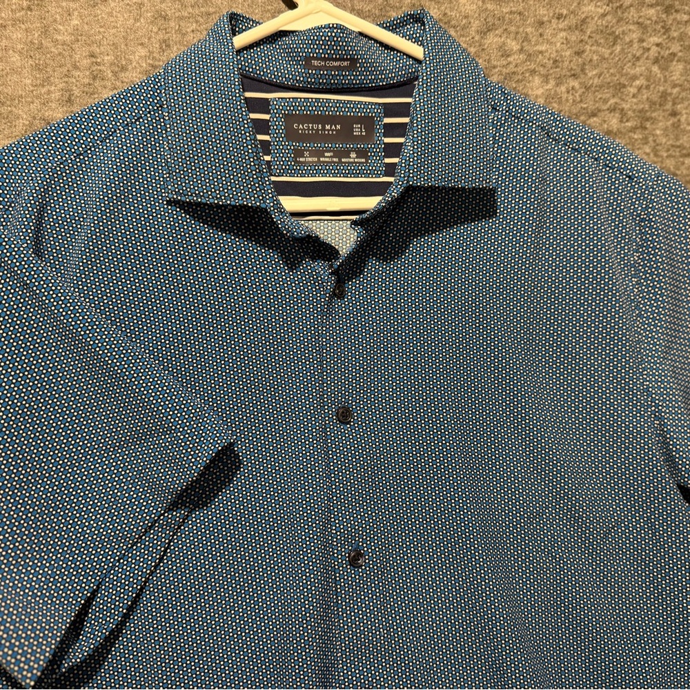 Ricky Singh Cactus Man printed shirt mens L blue button up stretch tech comfort